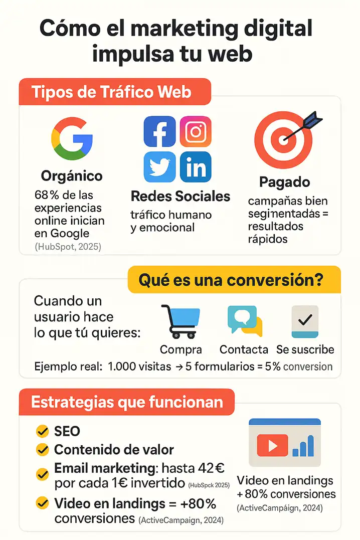 Cómo el marketing digital potencia el tráfico y las conversiones en tu sitio web infografía